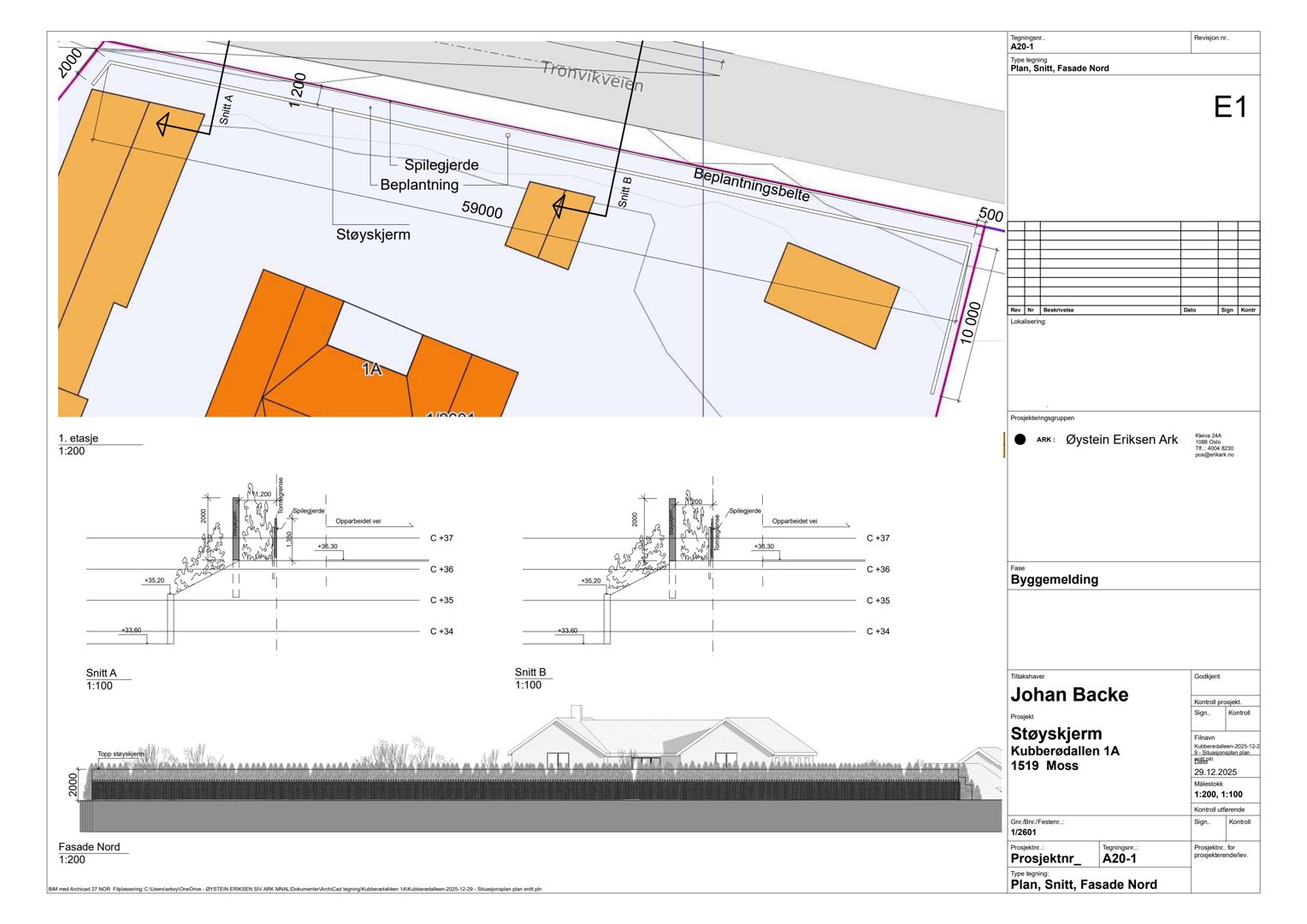 Dette bildet viser en fasadetekning (Fasade Nord) med tilhørende situasjonsplan og snittegninger for en støy-skjerm.