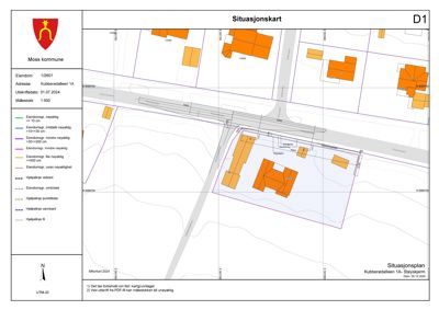 Situasjonskart som viser eiendomsforhold, naboeiendommer og bygningers plassering i forhold til veier og grunnsnitt.