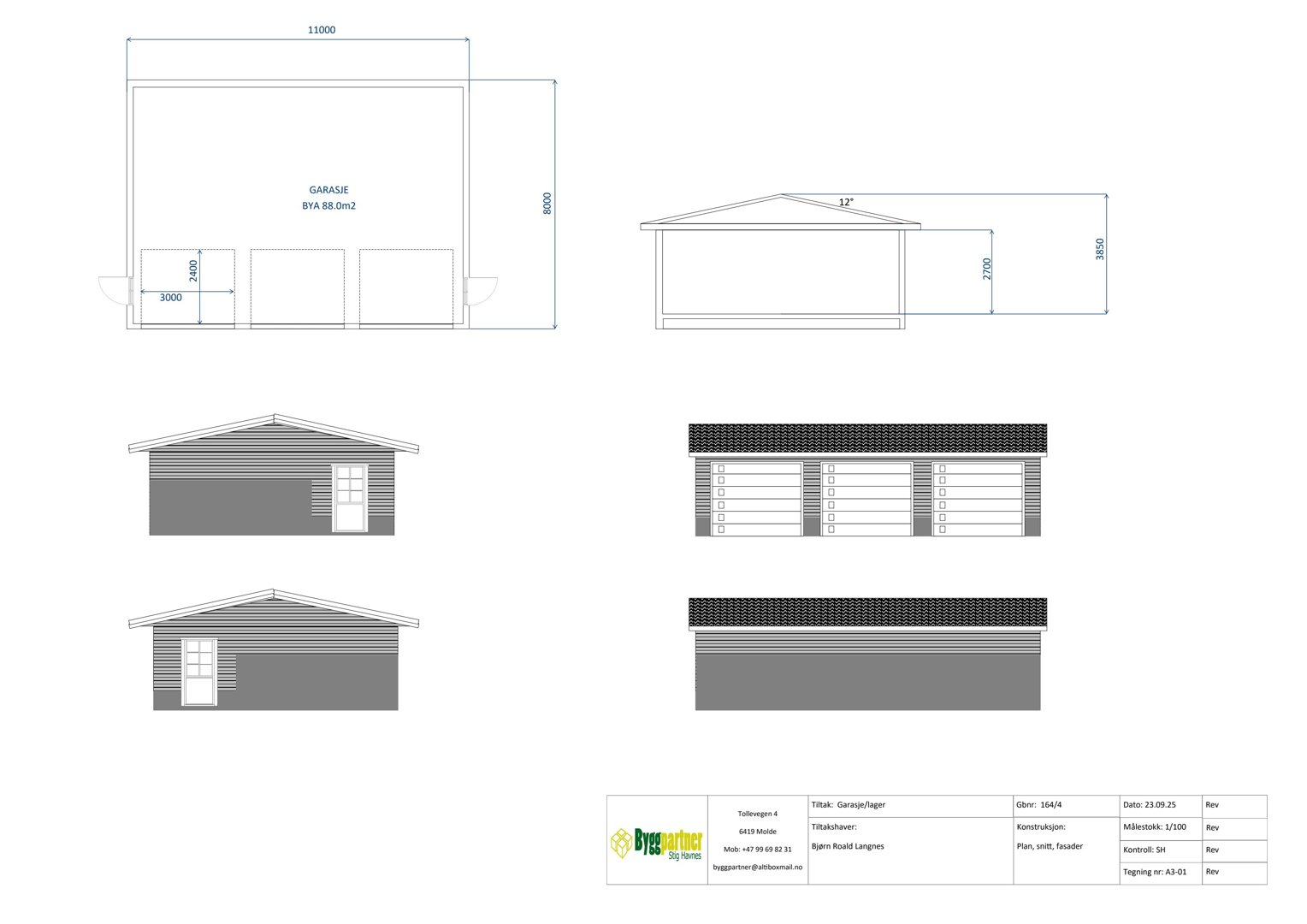 Fasadetegning av en garasje med mål og utsikt fra flere vinkler
