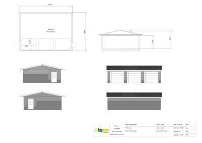Fasadetegning av en garasje med mål og utsikt fra flere vinkler