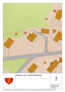 Situasjonsplan for Solbergs vei 5 som viser tomtens grenser, nabolag, høydemålerlinjer og veiforbindelser.