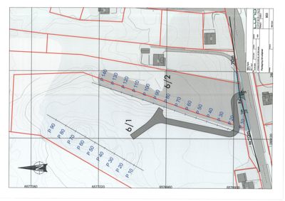 Situasjonsplan som viser tomtens form, høydemåler (konturlinjer), nabotomter, veier og planlagt parkeringsplassering.