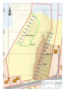 Situasjonsplan som viser tomtens form, grenser, høydekurver, nabolag og plassering i terrenget.