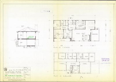 Bildet viser en tegning med etasjeplaner (1. etasje og kjeller) samt et snitt av en bygning.
