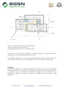 Etasjeplan (1-100) som viser romfordeling, veggtykkelse og snittlinjer for en bolig.