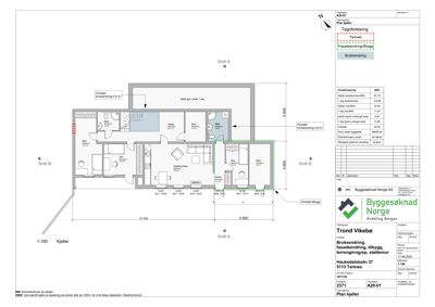 Plantegning av kjelleretasje med romfordeling, dimensjoner og snittreferanser.