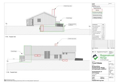 Fasadetegning som viser bygningens utseende sett fra nord og vest, inkludert detaljer om terreng, tilbygg og røykledninger.