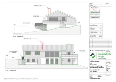 Fasadetegning som viser bygningens utseende fra sør og øst, inkludert detaljer om vinduer, dører, takform og terrengforhold.
