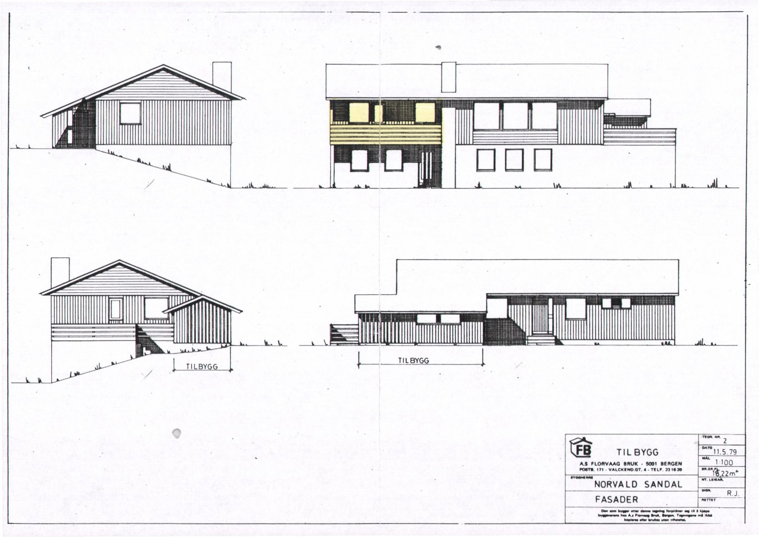 Fasadetegning som viser bygningens utsyn fra to sider (for- og sideside) med oppriss av tak, vinduer og trapper.