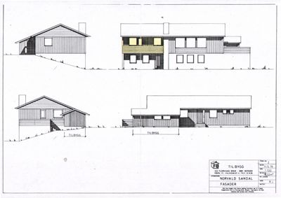 Fasadetegning som viser bygningens utsyn fra to sider (for- og sideside) med oppriss av tak, vinduer og trapper.