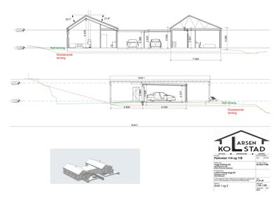 Snittegning (Snitt 1 og 2) som viser bygningens tverrsnitt, høyder, terrengforhold og plassering av kjøretøy.