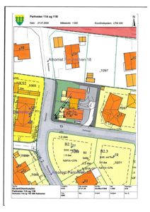 Situasjonsplan (tomtekart) som viser tomtene, bygninger, veier og arealdata for Parkveien 11A og 11B.