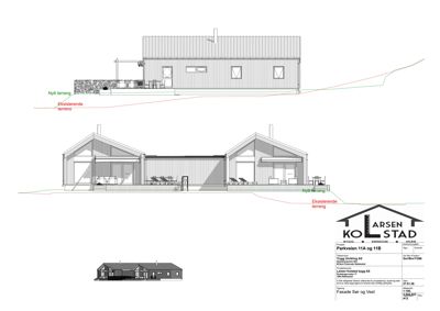 Fasadetegning som viser bygningens utseende fra sør og vest, inkludert terrassering og terrengforhold.