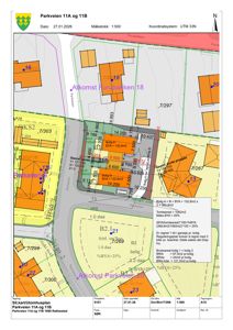 Situasjonsplan (tomtekart) som viser tomtens grenser, nabobebyggelse, veier og plassering av boligenhetene med arealdata.