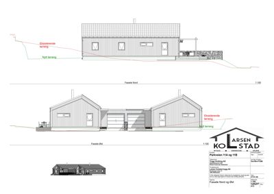 Fasadetegning som viser bygningens utseende fra nord og øst, inkludert terrengforhold.