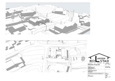 Bildet viser en 3D-perspektivtegning (rendering) av et byggeprosjekt sett fra luften, med en situasjonsplan under. Det er tydelig at det er en visualisering og ikke en teknisk tegning.