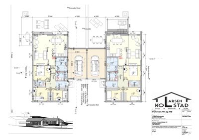 Etasjeplan (1. etasje) med romfordeling, dimensjoner og møbelskisser for to boliger.