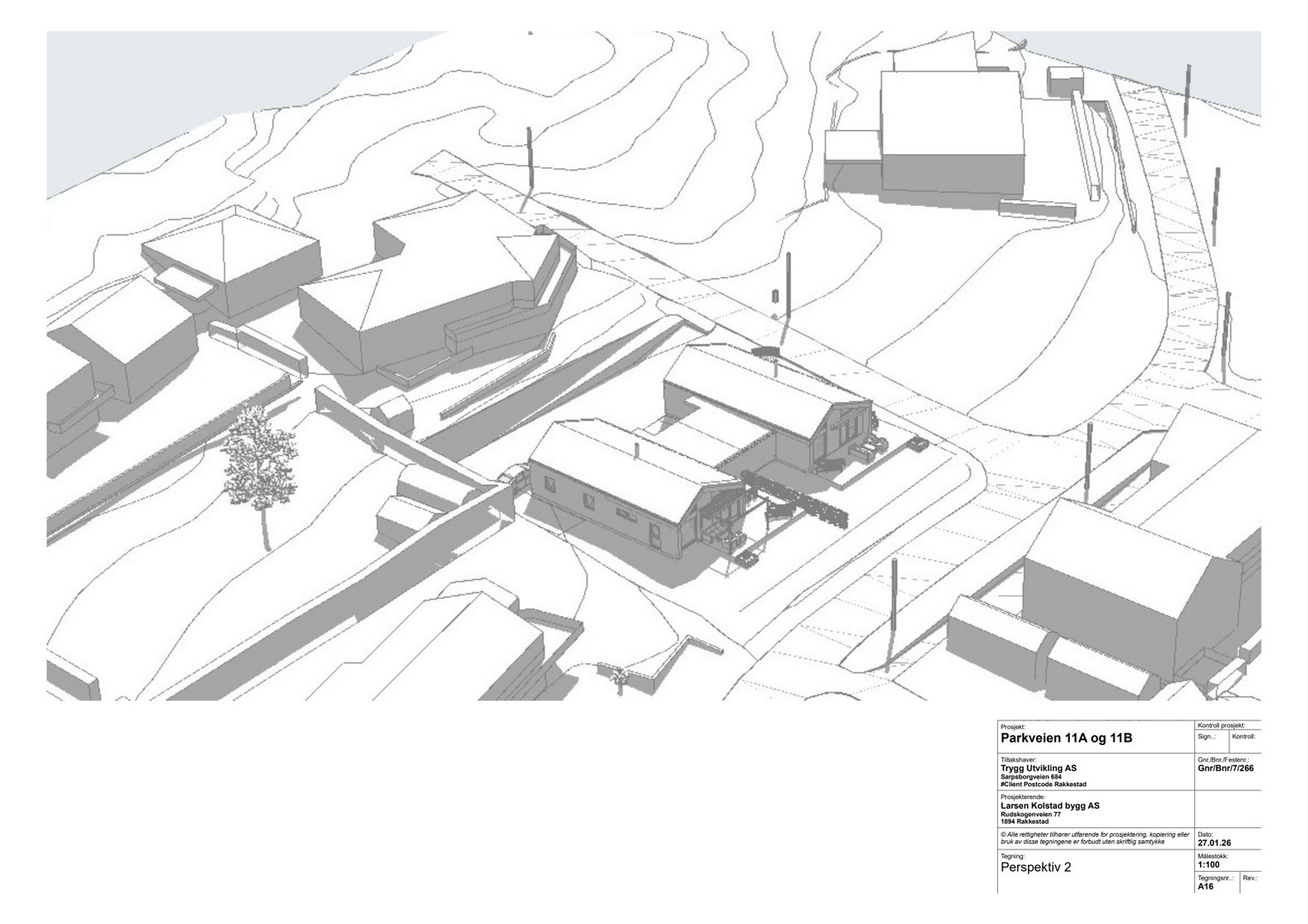 Perspektivtegning (rendering) som viser en 3D-visualisering av et byggeprosjekt i et terreng med konturlinjer.