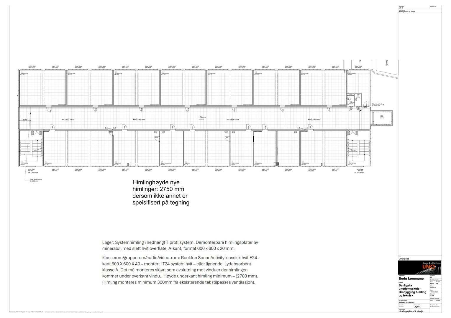 Plantegning som viser romfordeling og detaljer for himlingkonstruksjon i et fleretasjes bygg.