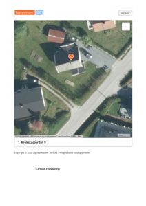 Flyfoto eller kartutsnitt som viser eiendomsplassering med adresse og nabolag.