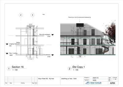 Snittegning (Section 16) som viser tverrsnitt gjennom en heis og bygningens konstruksjon på ulike nivåer.
