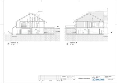 Snittegning som viser tverrsnitt gjennom bygningen, inkludert høyder, takform og grunnkonstruksjon.