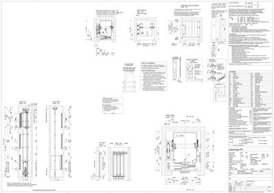 Detaljtegning for en passasjerheis, inkludert snitt, oppriss og tekniske spesifikasjoner.