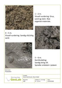Fotografier av jordprøver (poseprøver) fra ulike dybder (1-2 m, 4-5 m, 5-6 m) med tilhørende beskrivelser av kornfordeling og visuell vurdering.
