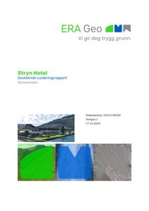 Dokumentets forsiden for en geoteknisk vurderingsrapport for Stryn Hotel. Bildet inneholder et fotografi av hotellet, dokumentinformasjon og logoer.