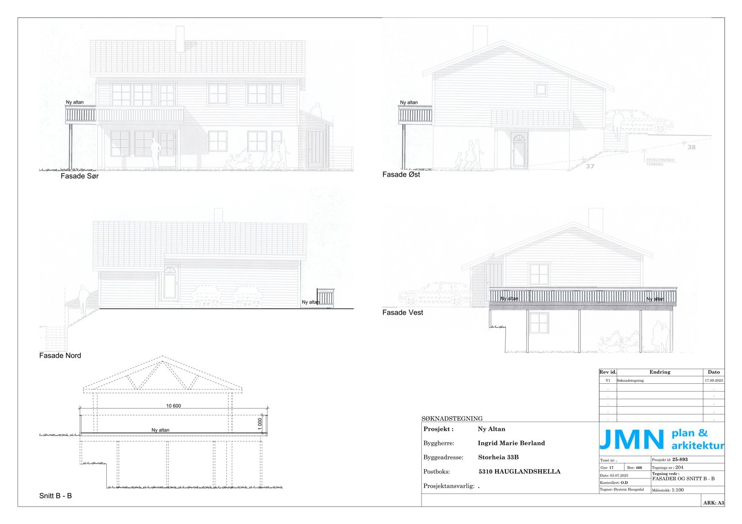 Fasadetegning som viser bygningens utseende fra fire sider (Nord, Sør, Øst, Vest) samt et snitt (Snitt B-B) og en situasjonsplan.