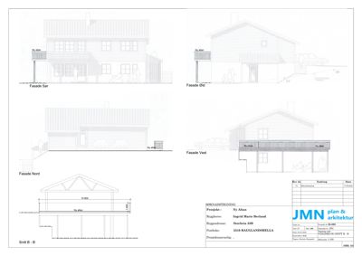 Fasadetegning som viser bygningens utseende fra fire sider (Nord, Sør, Øst, Vest) samt et snitt (Snitt B-B) og en situasjonsplan.