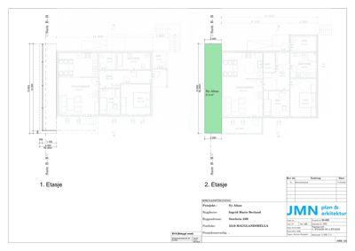 Plantegning som viser romfordeling og dimensjoner for 1. og 2. etasje.
