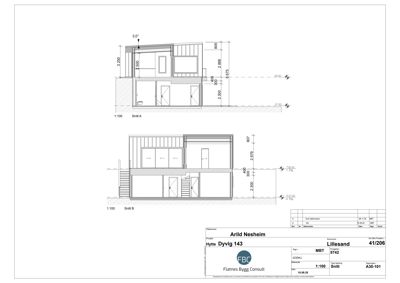 Snittegning (Snitt A og Snitt B) som viser bygningens indre konstruksjon, romfordeling og høyder.