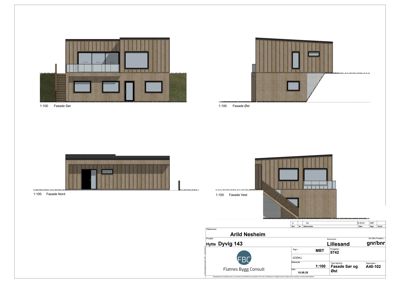 Fasadetegninger for en hytte, som viser utsiden av bygningen fra fire sider (Sør, Øst, Nord, Vest) med skråning og trapp.