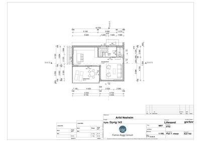 Etasjeplan (Plan 1. etasje) med romfordeling, dimensjoner og snittlinjer.