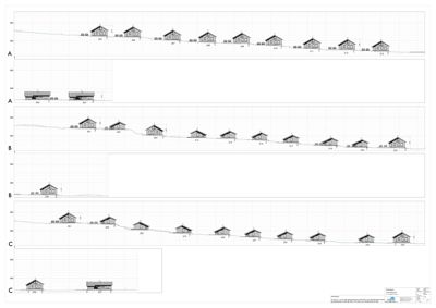 Fasadetegning som viser oppriss av flere hus sett fra siden, med høydemål og tomteforhold.
