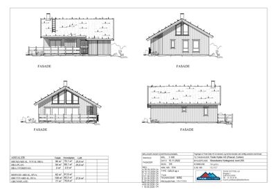 Fasadetegning som viser bygningens utseende fra fire ulike vinkler (front, side, bak og en annen side).