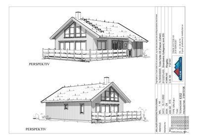 Perspektivtegning (rendering) av en hytte sett fra to ulike vinkler.