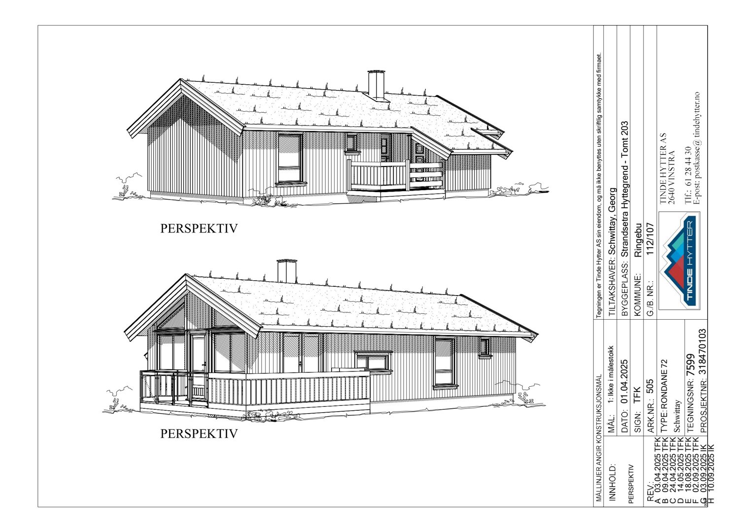 Tegning med to perspektivvisninger av en hytte, inkludert detaljer som tak, vinduer og veranda.