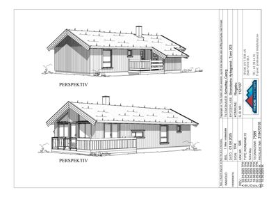 Tegning med to perspektivvisninger av en hytte, inkludert detaljer som tak, vinduer og veranda.