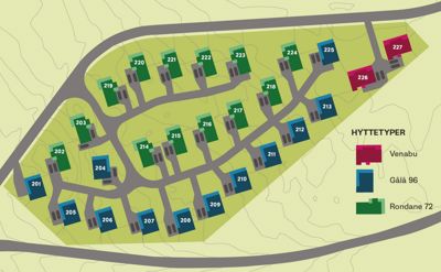 Situasjonsplan som viser plassering av hytter (201-227) på et tomt, med indikasjon på vegnett og terrengkonturer. Legende for hyttetyper er inkludert.