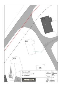 Situasjonsplan som viser tomtens beliggenhet i forhold til nabolag (hus 219, 203, 202, 204), veier og eiendomsgranser.