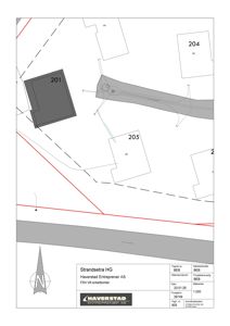 Situasjonsplan som viser tomtene 201, 204 og 205, samt grenser, veier og vannløp.