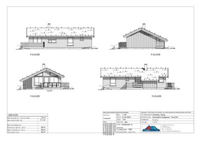 Fasadetegning som viser bygningens utseende fra fire ulike vinkler (front, side, og to andre perspektiver).