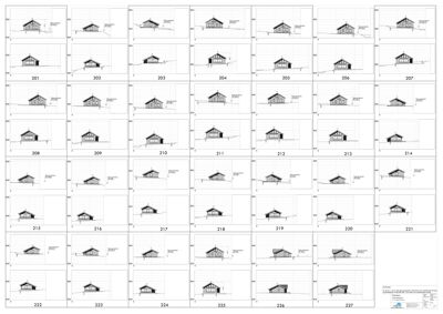 Et ark med fasadetegninger (opprikk) for flere ulike husmodeller, nummerert fra 201 til 227.
