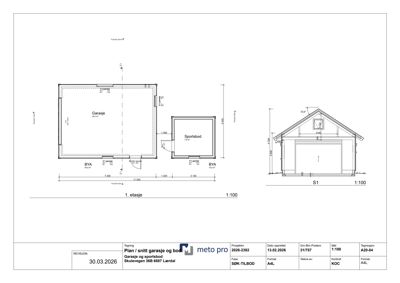 Etasjeplan (1. etasje) som viser romfordeling for garasje og sportsbod, samt en tilhørende snittegning (S1) av fasaden.