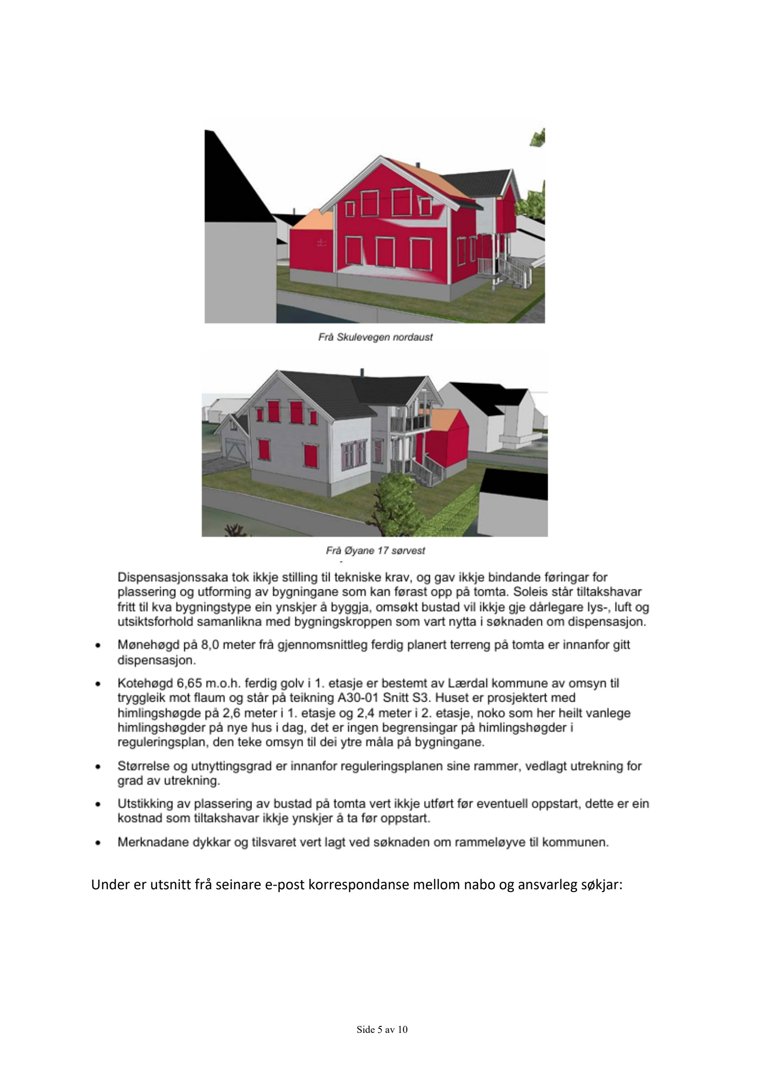 Bildet viser to 3D-modeller (renderinger) av en planlagt bygning sett fra ulike vinkler, med tilhørende tekstbeskrivelse av dispensasjonssaken.