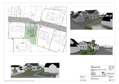 Situasjonsplan som viser tomt, bygning, veier og nabolag.