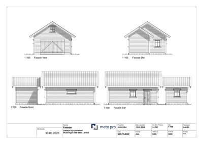 Fasadetegning som viser bygningens utseende fra fire sider (Nord, Sør, Vest og Øst).