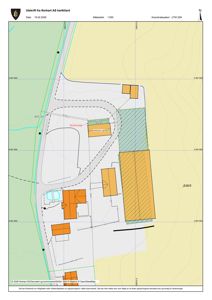 Situasjonsplan (tomtekart) med bygningsplassering, vei og terrengkonturer.
